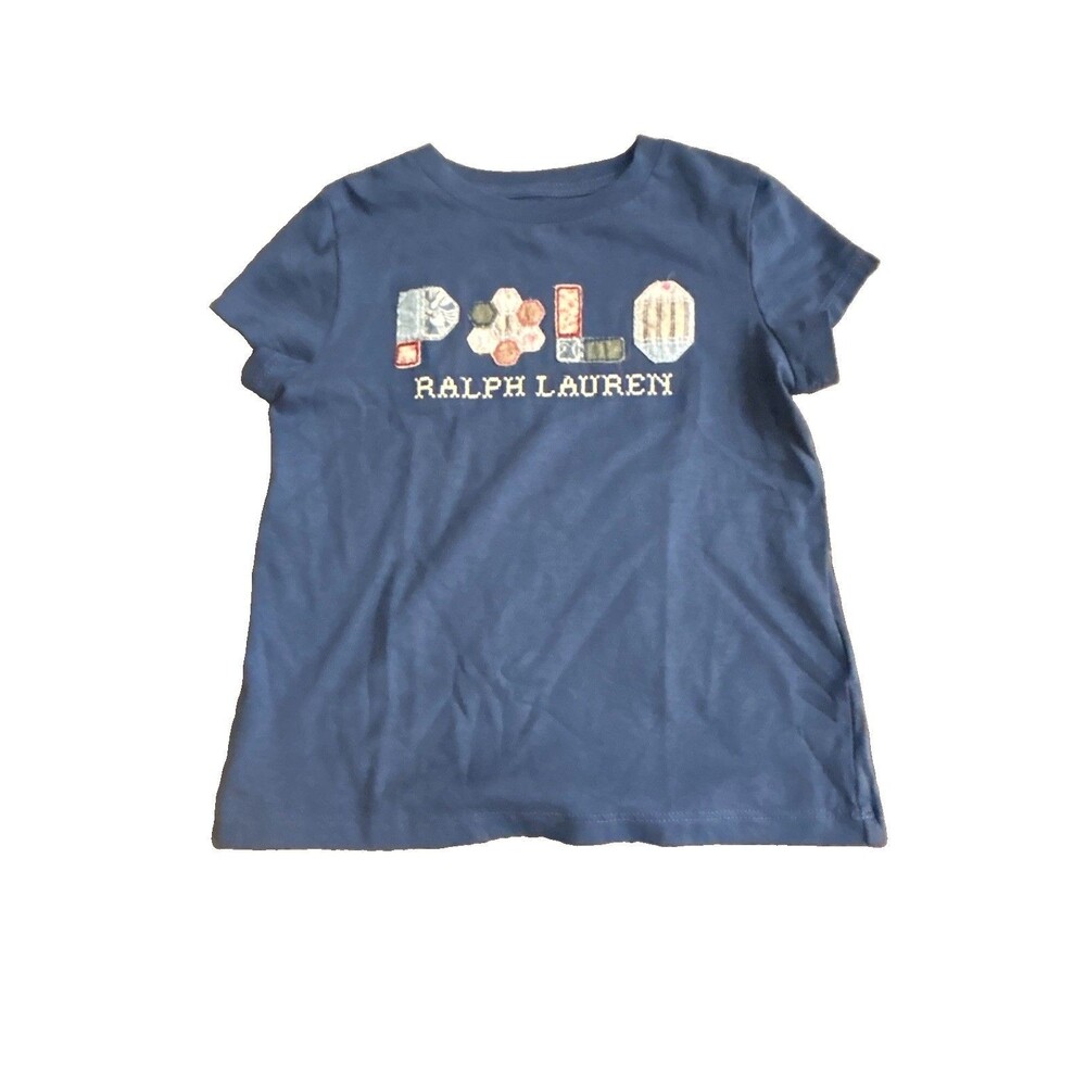 Polo Ralph Lauren Girls T-Shirt 4 Blue Patchwork Logo Applique Tee